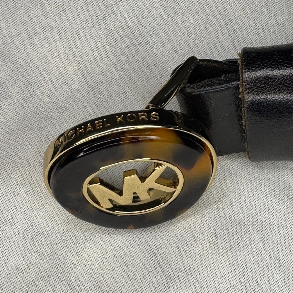 🖤 Michael Kors Black Leather Belt with Tortoise MK Logo Buckle